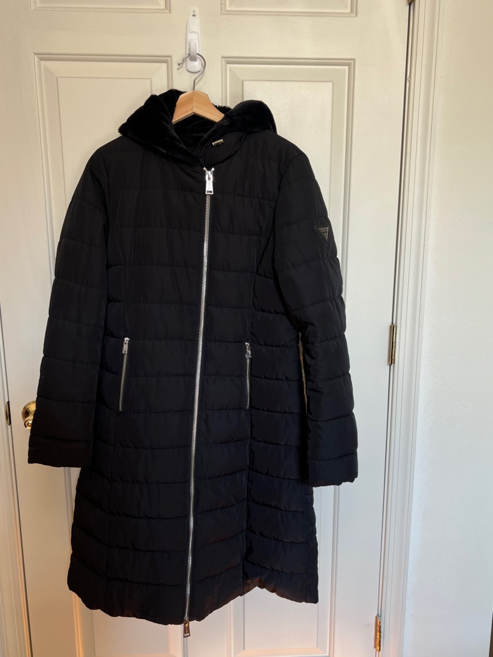 Guess Women's Black Quilted Long Puffer Coat with Hood
